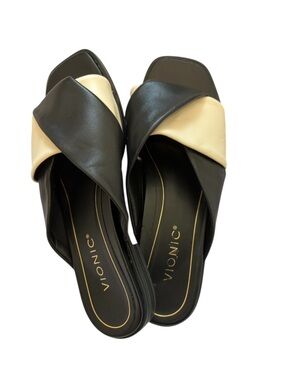 Vionic Miramar Leather Slide Sandals in Black and Cream Size 8 with Arch Support